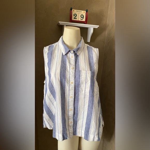 Madewell Linen/ Cotton Tops Striped Sleeveless Shirt women’s size L - Picture 2 of 13